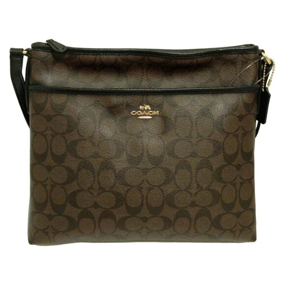 Auth COACH Luxury Signature File Bag F34938 Black Dark Brown PVC Leather - - Picture 1 of 8